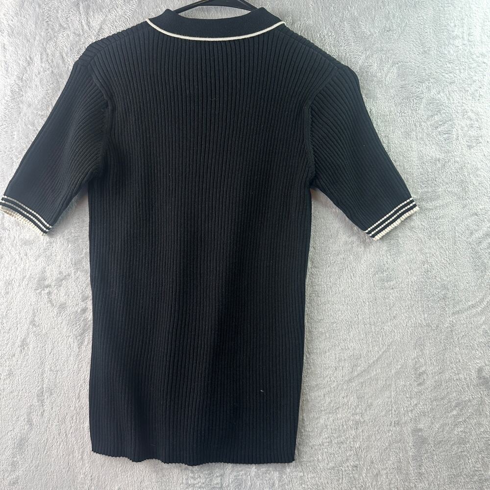 Gap Women’s Ribbed Short Sleeve Polo Top • Black with White Trim • Size L - Picture 2 of 6